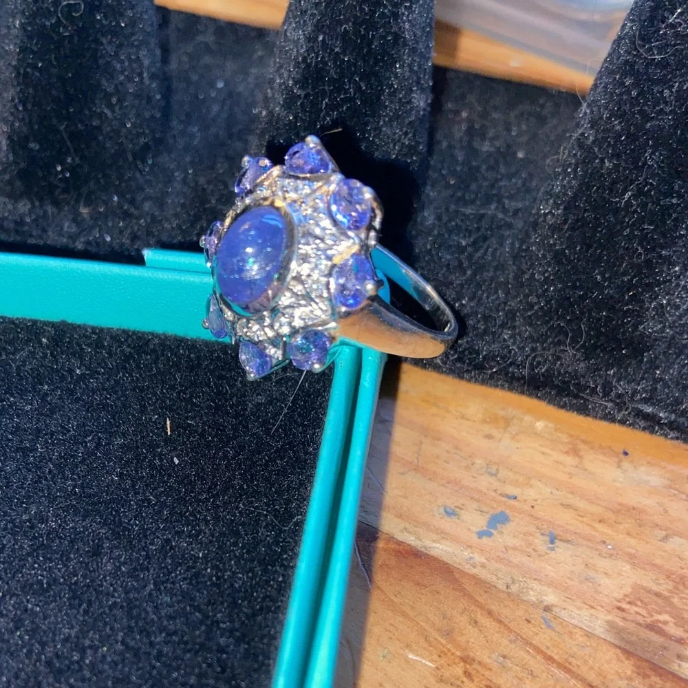 Sterling 925 Cabochon Tanzanite & Diamond Statement Cocktail Ring Size 7 - Picture 11 of 14